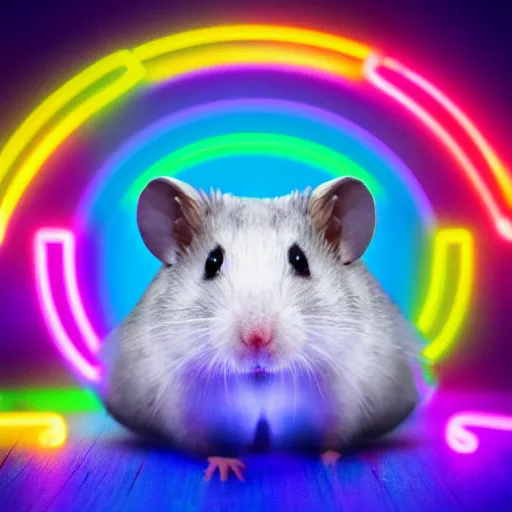 Prompt: cyberpunk hamster made of glowing rainbow neon lights, 8 k, hd