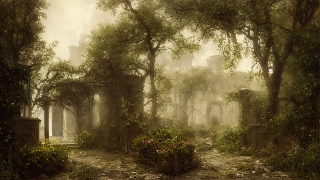 Prompt: the secret garden is barren. the hidden garden is barren. private barren garden. overcast. no flowers. weeds, sticks. andreas achenbach, artgerm, mikko lagerstedt, zack snyder, tokujin yoshioka