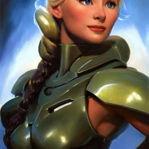 Image similar to ultra realistic portrait painting of elsa as master chief, art by frank frazetta, 4 k, ultra realistic, highly detailed, epic lighting