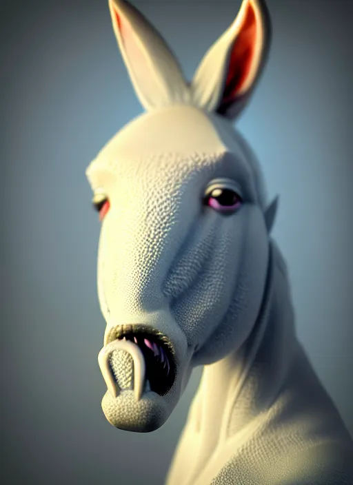 Image similar to hyper detailed ultra sharp portrait of a beautiful fashionable porcelain ivory donkey zombie with glowing eyes, up close shot, sharp focus, global illumination, radiant light, black haute couture, alexandre ferra, irakli nadar, octane render, 4 k, ultra hd,