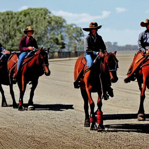 Image similar to Western, people on horses with wheels instead of legs