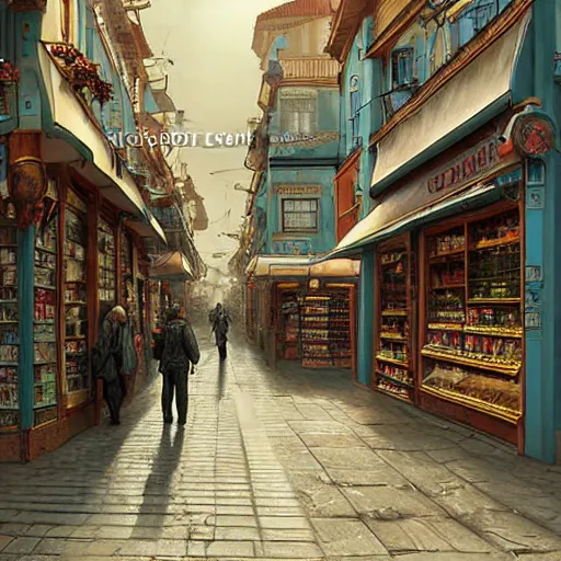 Prompt: A fantasycore of a convenience store with photograph of 2022 portugal lisbon on the street of a very highly detailed logital eldritch city matte painting art by Greg Rutkowski, a 12x(very) much logical detailed Dimensional cyan gold natural light, highly logical and striking detailed architecture by alphonse mucha, a 12x(very) much logical detailed by Eta Cru and James Gurney and Donato Giancola