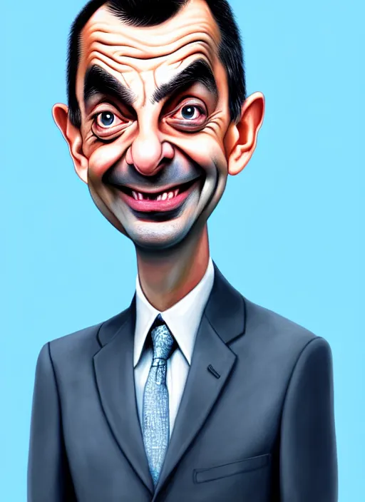 Prompt: highly detailed caricature portrait of mr bean by ross tran, by anato finnstark, brush strokes, 4 k resolution, light blue pastel background