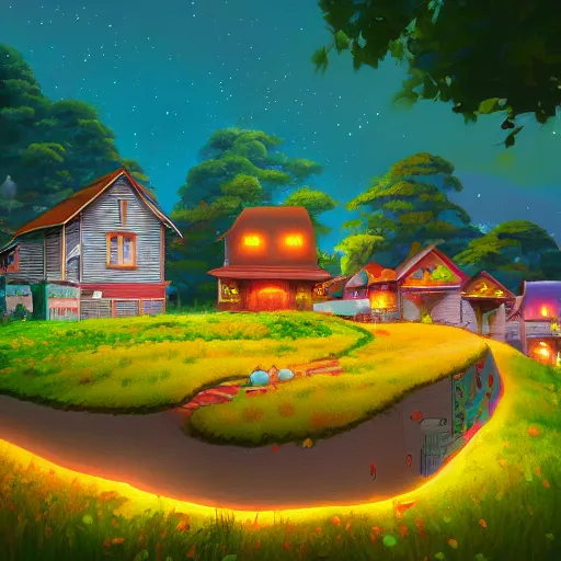 Prompt: beautiful 3 d painting of a colourful house on a hilltop at midnight with small fireflies flying around, in the style of studio ghibli, artstation, unreal engine