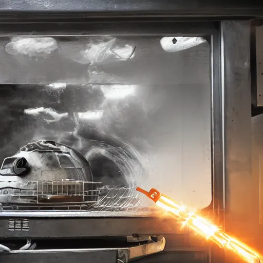 Image similar to cyborg toaster oven repairman, dark messy smoke - filled cluttered workshop, dark, dramatic lighting, orange tint, sparks, plasma rays, cinematic, highly detailed, sci - fi, futuristic, movie still, rule of thirds composition