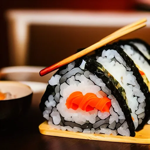 Prompt: a corgie in a house made of sushi . Photography.