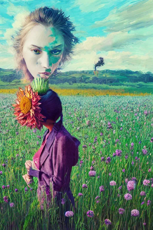 Prompt: portrait, huge thistle flower under head, girl in suit in a field of flowers, surreal photography, sunrise, blue sky, dramatic light, impressionist painting, digital painting, artstation, simon stalenhag