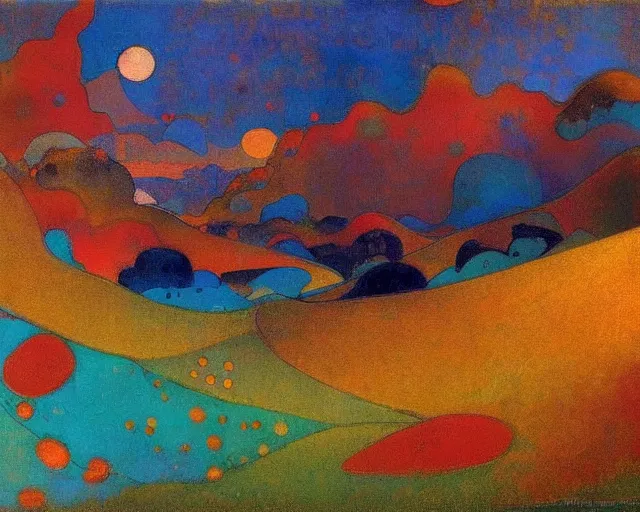 Prompt: A wild, insane, modernist landscape painting. Wild energy patterns rippling in all directions. Curves, organic, zig-zags. Saturated color. Mountains. Clouds. Rushing water. Waves. Psychedelic dream world. Odilon Redon.