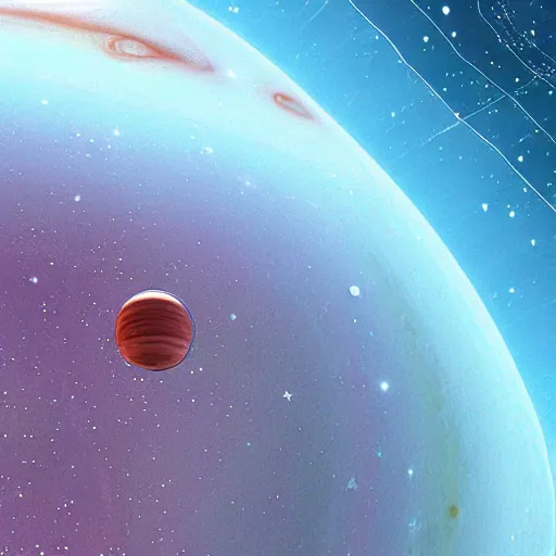 Image similar to mini-neptune circling jupiter, open space, stars, 3d realistic space rendering