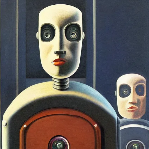 Prompt: intricate and refined, super - intelligent robot with kind eyes portrait, grant wood, pj crook, edward hopper, oil on canvas