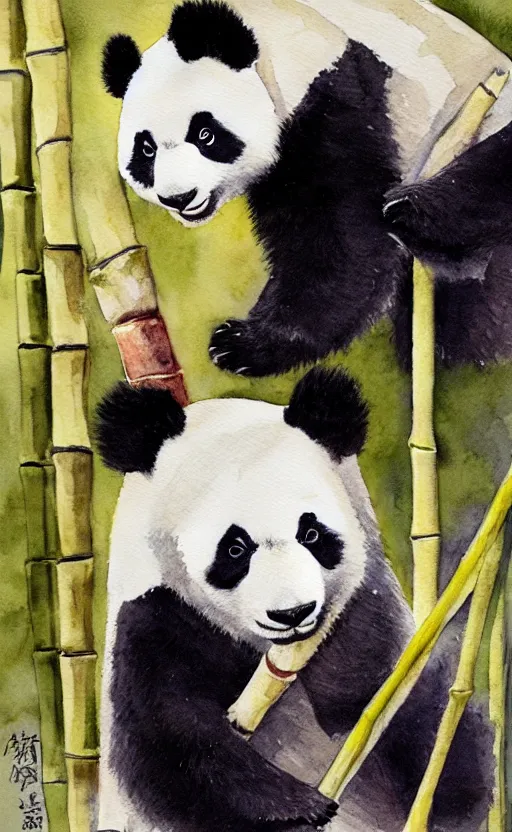 Image similar to a watercolor painting of a panda eating bamboo, dynamic lighting, photorealistic, ambient lighting, atmospherical, stunning visuals, trending on art station