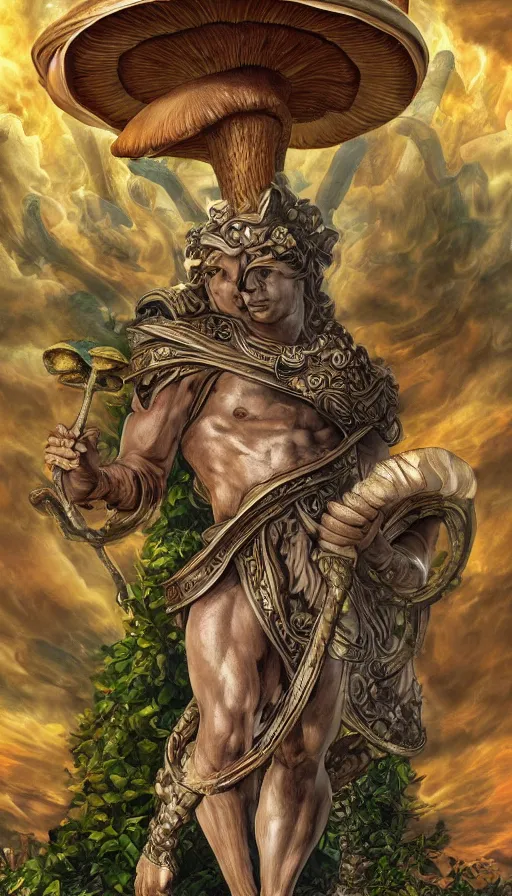 Image similar to a masterpiece hyperdetailed dnd tarot card, magnificent mushroom deity as depicted in a colossal greek marble statue ( with godlike bodybuilder physique ), hd tarot card depicting monumental statue of a dignified mushroom god with cute large mushroom hat, hdr, 8 k, artstationhq, digital art