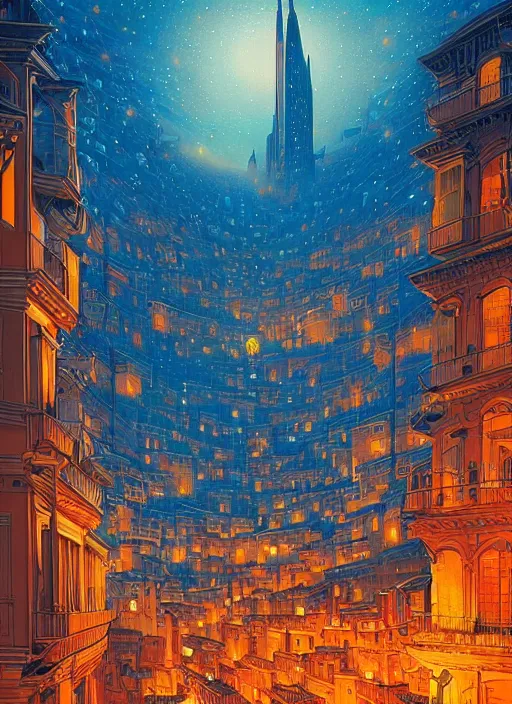 Image similar to ethereal starlit city of dreams at sunset, italian futurism, da vinci, Dan Mumford, Josan Gonzalez