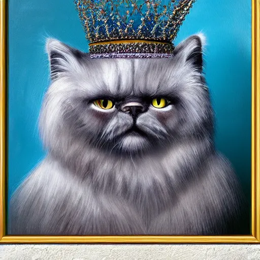 Prompt: anthromorphic fluffy himalayan cat dressed in queen robe and crown, detailed 4 k oil painting