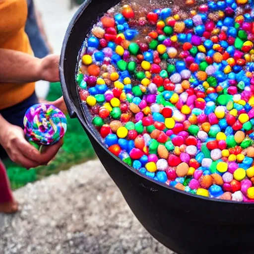 Image similar to A candy-maker melts down her creations in a cauldron that is made up of different types of sweets. It looks like an old-fashioned cauldron made out of sugar, candy, gumdrops, and other sweet treats. In the center, there is a large crystal ball floating above it with various kinds of candies on top of it. The candies move around the ball. A small hole at the bottom lets steam escape from the cauldron.