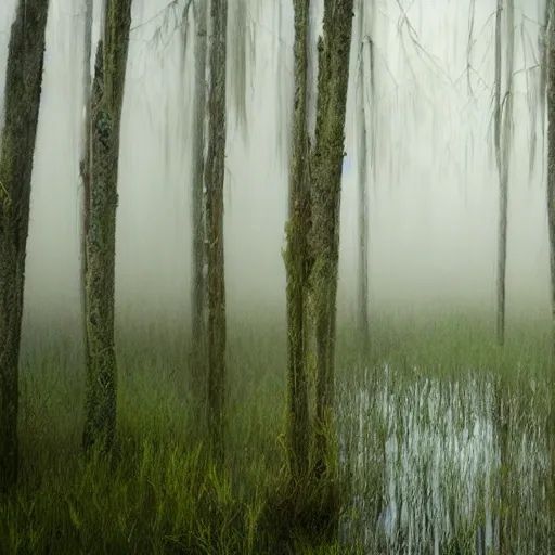 Prompt: artistic swamp with mystic fog, vegetation, few trees