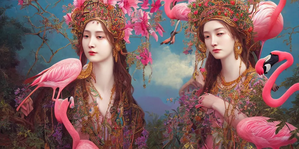 Image similar to breathtaking detailed concept art painting of the goddess of flamingo, orthodox saint, with anxious, piercing eyes, ornate background, amalgamation of leaves and flowers, by Hsiao-Ron Cheng and John James Audubon, extremely moody lighting, 8K