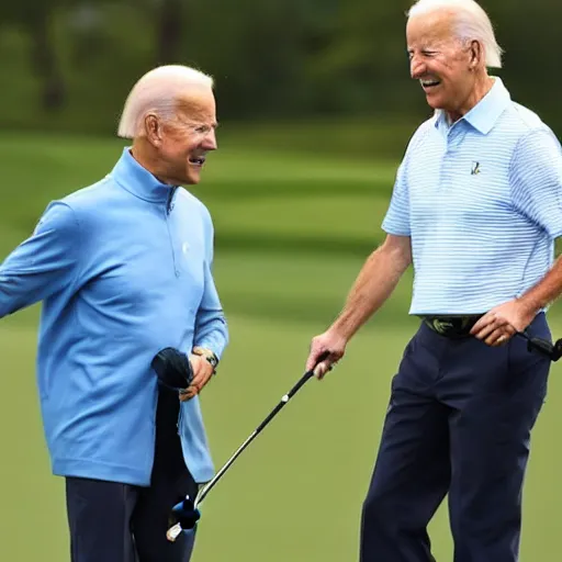 Prompt: joe biden holds the flagpin for xi jingping while he putts on a golf green. official media.