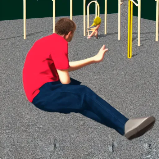 Prompt: man rolling on the playground and screaming, photorealistic