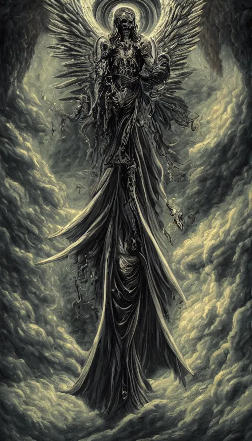 Image similar to painting of an ominous creepy dramatic bright angel of death with many skulls in dark clouds, full-body portrait, highly detailed, ornate and elegant, rococo, fantasy, traditional art, gothic, abstract art, surrealism, concept art, vaporwave, synthwave, ambient, retro, futurism, pixel sorting, glitch art, on artstation