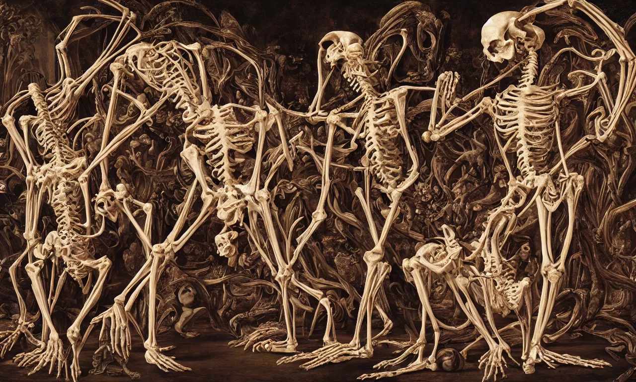 Prompt: intertwined bodies, inside a grand, ornate cathedral, HD Mixed media, highly detailed and intricate, fleshy skeletal, botany, surreal illustration in the style of Caravaggio, baroque dark art