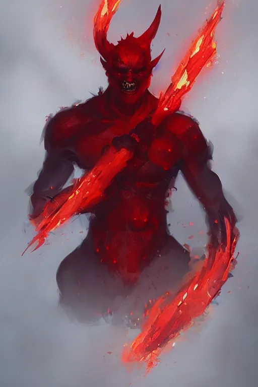 Image similar to a portrait of a red fire demon by greg rutkowski, trending on artstation