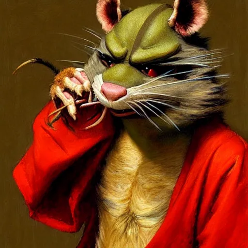 Image similar to a portrait of a furry splinter the rat from ninja turtles wearing a red kimono, hairy, furry body, furry arms, feet, tail. highly detailed painting by gaston bussiere, craig mullins, j. c. leyendecker, furry