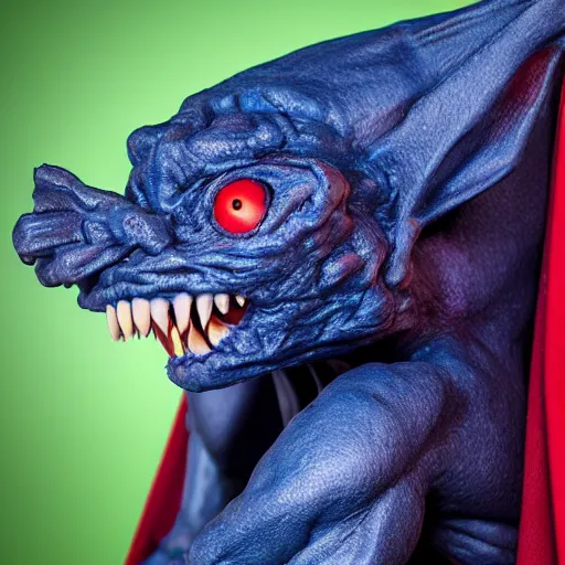 Image similar to detailed full body of scary giant mutant dark blue humanoid pygmy-bat, glowing red eyes, sharp teeth, acid leaking from mouth, realistic, giant, bat ears, bat nose, furred, detailed, 85mm f/1.4