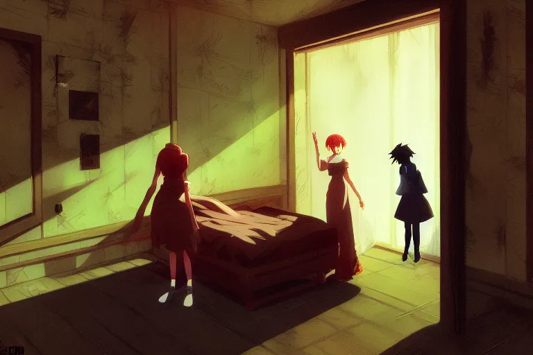 Image similar to anime key visual of anime maids found footage, spooky creepypasta, shaky trailcam, out of focus camera, style of jamie wyeth james gilleard edward hopper greg rutkowski acrylic painting, preserved museum piece, historical