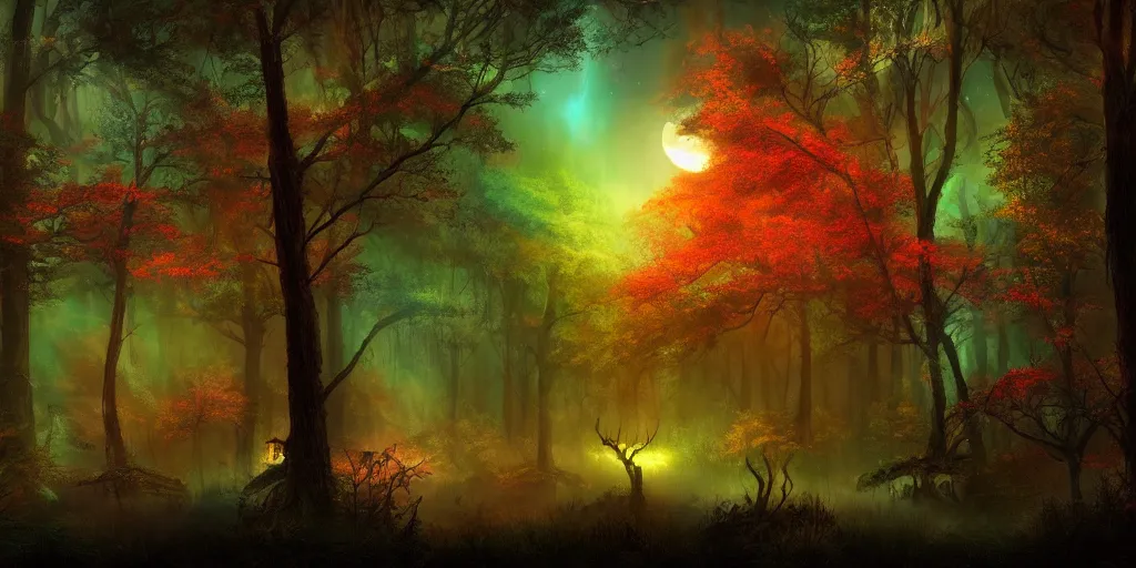 Image similar to beautiful matte painting of a colorful fantasy dark forest at night