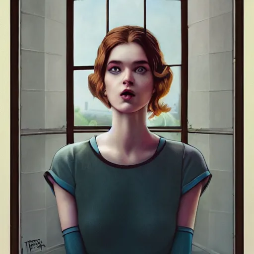 Image similar to Lofi portrait at a window, Pixar style by Stanley Artgerm and Tom Bagshaw and Tristan Eaton and Tim Burton