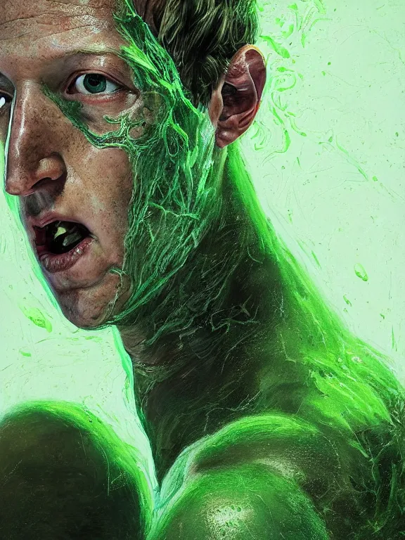 Image similar to portrait of a mark zuckerberg, skin peeling away to reveal bright green! reptile! skin!, forked tongue, art by ryo shiotani and greg rutkowski, intricate, beautiful, cinematic lighting, vintage art by serge ivanoff, high resolution, very detailed