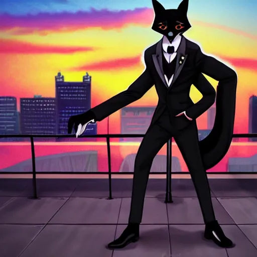 Prompt: a black anthropomorphic male fox furry wearing a fancy suit in the city at sunset, modern anime style