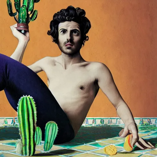 Image similar to Collage art, Young Spanish man, Art by Joshua Middleton, socks, Rene Magritte, underpants, Morrocan tiles, half a lime, cactus, succulent plants Chalk white skin, deep purple hair, Green eyes, Orange background, Mucha, Portrait of the man, surreal, ,carbon black and antique gold