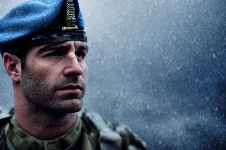 Image similar to a cinematic headshot photograph of a soldier, stormy weather, dry, film still, cinematic, dramatic lighting, blue color theme, by zack snyder