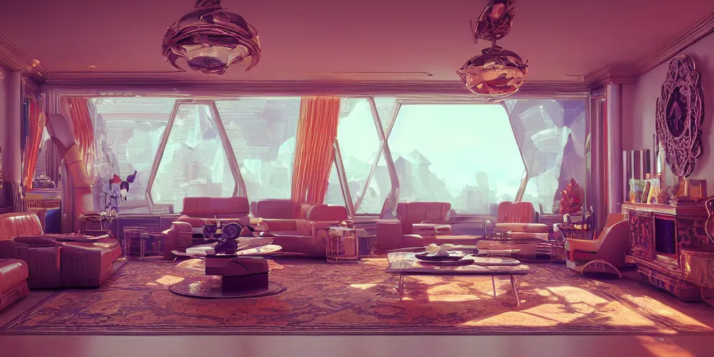 Image similar to 80s futuristic retro living room:: by beeple and James Gilleard and Justin Gerard :: ornate, dynamic, particulate, intricate, elegant, highly detailed, centered, artstation, smooth, sharp focus, octane render, 3d