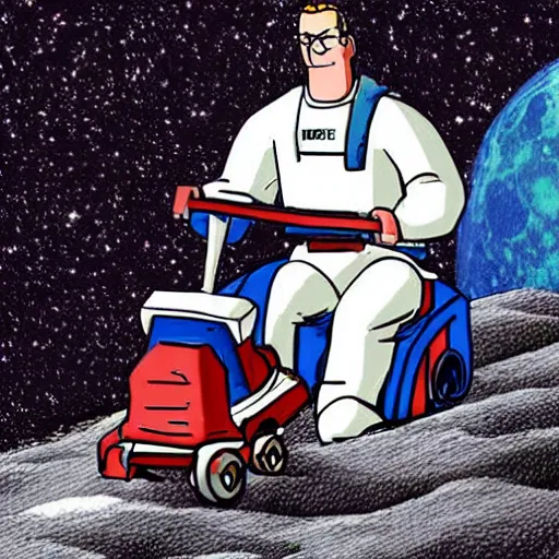 Prompt: Hank hill from “King of the Hill” wearing a full suit of medieval armor, riding a lawnmower on the moon, photo