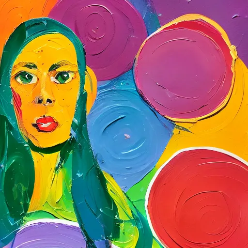 Image similar to portrait made of colorful gouache thick impasto circles