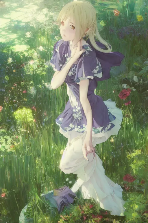 Image similar to a depressed digital art, loli in dress, garden, green and warm theme, blue accents, back lighting, highly detailed, 4 k resolution, trending on art station, by krenz cushart and mucha and akihito yoshida and greg rutkowski and makoto shinkai