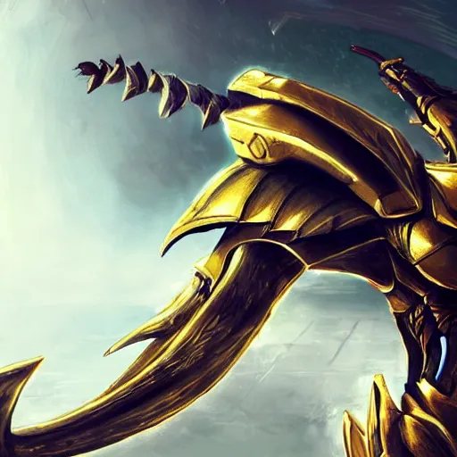 Image similar to cinematic, hyperdetailed league of legends azir armor metroid ravenbeak fanart gold armored bird wings regal gold sunray shaped crown, warframe, destiny, octane