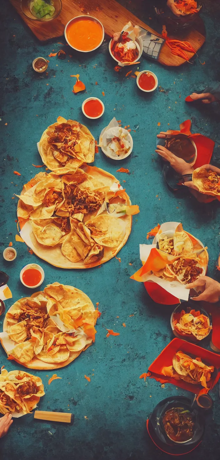 Image similar to sumo wrestler eating crispy tacos with hot sauce, photo realism, bokeh background, neon lights, city background, high definition, slr