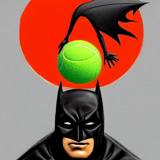 Image similar to a tennis ball monster ,tennis ball, batman, digital art, fantasy, magic, trending on artstation, ultra detailed, professional illustration by Basil Gogos