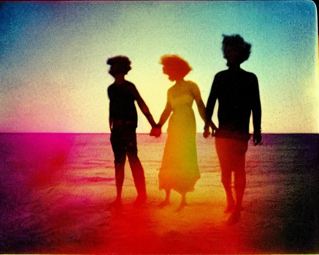 Image similar to a couple walks on the beach, hundreds of multicolored orbs float in the sky, violet and yellow sunset, polaroid photo, whimsical and psychedelic, 1 9 6 0 s, grainy, expired film, glitched