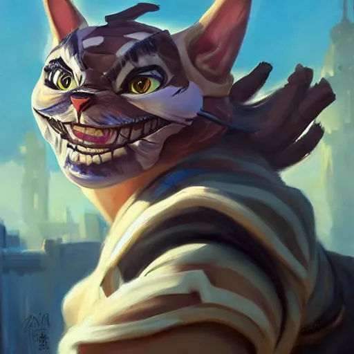 Image similar to greg manchess portrait painting of partially armored cheshire cat from alice in wonderland as overwatch character, medium shot, asymmetrical, profile picture, organic painting, sunny day, matte painting, bold shapes, hard edges, street art, trending on artstation, by huang guangjian, gil elvgren, ruan jia, randy vargas, greg rutkowski