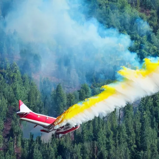 Image similar to a antonov airplane ( with yellow and red paint like a fire plane ) extinguishing a forest fire with absurd amounts of water, artistic photo