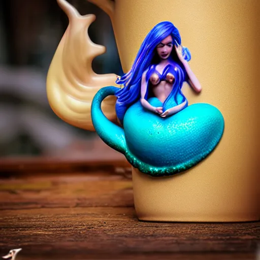 Image similar to an amazing ceramic realistic arial mermaid sculpture mug, creative, beautiful, award winning design, functional, colorful, 8 k, unreal engine, octane render