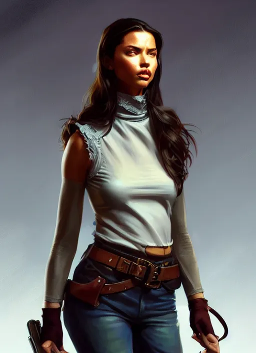 Image similar to portrait of a full body of beautiful young female detective, d & d, sleeveless turtleneck, fantasy, flat lighting, intricate, highly detailed, digital painting, artstation, concept art, smooth, sharp focus, illustration, adriana lima, art by simon bisley and greg rutkowski and alphonse mucha, natural tpose