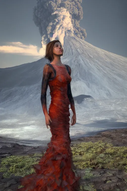 Image similar to a girl in a magnificent dress stands near a volcano, photorealistic, high resolution, trending on artstation, highly detailed, volumetric lighting