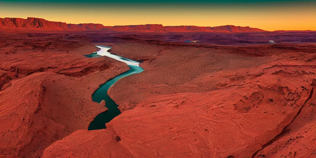 Image similar to a river bend running through a canyon surrounded by desert mountains at sunset on mars, planet mars, moab, utah, a tilt shift photo by frederic church, trending on unsplash, hudson river school, photo taken with provia, national geographic photo