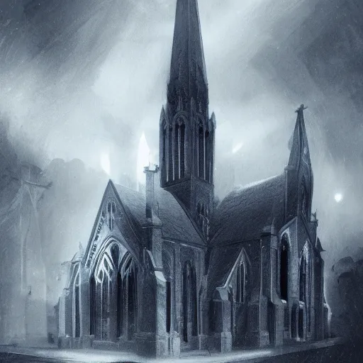 Image similar to victorian church in the middle of the city, dark, misty, at night, 8 k, detailed, concept art, trending on artstation